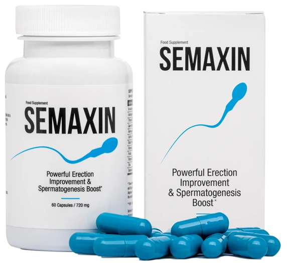 Envase principal de Semaxin, suplemento para la fertilidad y potencia masculina.
